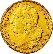 France 2 Louis D'or Louis XV 1764 K KM# 519.9 LUD XV D G FR ET NAV REX coin obverse France 2 Louis D'or Louis XV 1764 K KM# 519.9 LUD XV D G FR ET NAV REX coin obverse