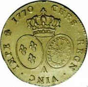 France 2 Louis D'or Louis XV 1770 KM# 519.1 CHRS REGN VINC IMPE A coin reverse France 2 Louis D'or Louis XV 1770 KM# 519.1 CHRS REGN VINC IMPE A coin reverse