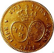 France 2 Louis D'or Louis XV 1773 D KM# 557.2 D CHRS REGN VINC IMPE 1773 coin reverse France 2 Louis D'or Louis XV 1773 D KM# 557.2 D CHRS REGN VINC IMPE 1773 coin reverse