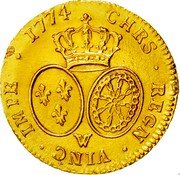 France 2 Louis D'or Louis XV 1774 W KM# 557.8 CHRS REGN VINC IMPE 1774 W coin reverse France 2 Louis D'or Louis XV 1774 W KM# 557.8 CHRS REGN VINC IMPE 1774 W coin reverse
