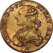 France 2 Louis D'or Louis XVI 1775 W KM# 575.14 LUD XVI D G FR ET NAV REX DUVIV coin obverse France 2 Louis D'or Louis XVI 1775 W KM# 575.14 LUD XVI D G FR ET NAV REX DUVIV coin obverse