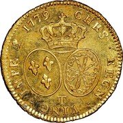 France 2 Louis D'or Louis XVI 1779 T KM# 575.13 T CHRS REGN VINC IMPE 1779 coin reverse