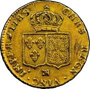 France 2 Louis D'or Louis XVI 1789 MA KM# 592.10 MA CHRS REGN VINC IMPE 1789 coin reverse