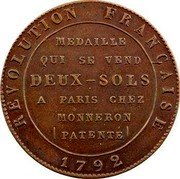 France 2 Sols Monneron 1792 KM# Tn27 MEDAILLE QUI SE VEND DEUX-SOLS A PARIS CHEZ MONNERON - PATENTÉ REVOLUTION FRANCAISE 1792 coin reverse France 2 Sols Monneron 1792 KM# Tn27 MEDAILLE QUI SE VEND DEUX-SOLS A PARIS CHEZ MONNERON - PATENTÉ REVOLUTION FRANCAISE 1792 coin reverse