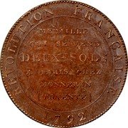 France 2 Sols Liberty. Token 1792 KM# Tn25 MEDAILLE QUI SE VEND DEUX-SOLS A PARIS CHEZ MONNERON - PATENTÉ REVOLUTION FRANCAISE 1792 coin reverse France 2 Sols Liberty. Token 1792 KM# Tn25 MEDAILLE QUI SE VEND DEUX-SOLS A PARIS CHEZ MONNERON - PATENTÉ REVOLUTION FRANCAISE 1792 coin reverse