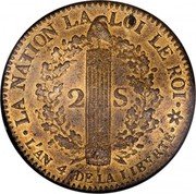 France 2 Sols Louis XVI 1792//LAN 4 BB KM# 612 LA NATION LA LOI LE ROI 2 S L'AN 4 DE LA LIBERTE coin reverse France 2 Sols Louis XVI 1792//LAN 4 BB KM# 612 LA NATION LA LOI LE ROI 2 S L'AN 4 DE LA LIBERTE coin reverse
