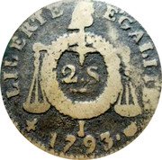 France 2 Sols First Republic. Limoges 1793//LAN II I KM# 621.7 LIBERTE EGALITE 2. S. I 1793 coin reverse