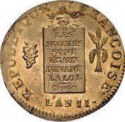 France 2 Sols First Republic Coinage LAN II (1793-94) R KM# 623.4 REPUBLIQUE FRANÇOISE LES HOMMES SONT EGAUX DEVANT LA LOI L'AN II coin obverse France 2 Sols First Republic Coinage LAN II (1793-94) R KM# 623.4 REPUBLIQUE FRANÇOISE LES HOMMES SONT EGAUX DEVANT LA LOI L'AN II coin obverse