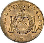 France 2 Sols First Republic Coinage LAN II (1793-94) R KM# 623.4 LIBERTE EGALITE 2. S. R coin reverse France 2 Sols First Republic Coinage LAN II (1793-94) R KM# 623.4 LIBERTE EGALITE 2. S. R coin reverse