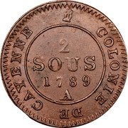 France 2 Sous Louis XVI 1789 A KM# 1 COLONIE DE CAYENNE 2 SOUS 1789 A coin reverse