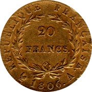 France 20 Francs Napoleon I 1806 A KM# 674.1 REPUBLIQUE FRANÇAISE 20 FRANCS 1806 A coin reverse France 20 Francs Napoleon I 1806 A KM# 674.1 REPUBLIQUE FRANÇAISE 20 FRANCS 1806 A coin reverse