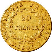 France 20 Francs Napoleon I 1806 I KM# 674.2 REPUBLIQUE FRANÇAISE 20 FRANCS 1806 I coin reverse France 20 Francs Napoleon I 1806 I KM# 674.2 REPUBLIQUE FRANÇAISE 20 FRANCS 1806 I coin reverse