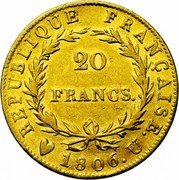 France 20 Francs Napoleon I 1806 U KM# 674.5 20 FRANCS REPUBLIQUE FRANÇAISE 1806 U coin reverse France 20 Francs Napoleon I 1806 U KM# 674.5 20 FRANCS REPUBLIQUE FRANÇAISE 1806 U coin reverse