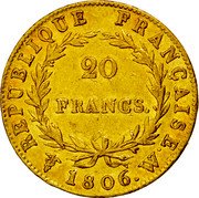 France 20 Francs Napoleon I 1806 W KM# 674.6 20 FRANCS REPUBLIQUE FRANÇAISE 1806 W coin reverse France 20 Francs Napoleon I 1806 W KM# 674.6 20 FRANCS REPUBLIQUE FRANÇAISE 1806 W coin reverse