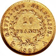 France 20 Francs Napoleon I 1807 A KM# A687.1 RÉPUBLIQUE FRANÇAISE. 20 FRANCS. 1807. A coin reverse France 20 Francs Napoleon I 1807 A KM# A687.1 RÉPUBLIQUE FRANÇAISE. 20 FRANCS. 1807. A coin reverse