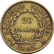 France 20 Francs Napoleon I 1807 M KM# A687.2 20 FRANCS REPUBLIQUE FRANÇAISE 1807 M coin reverse France 20 Francs Napoleon I 1807 M KM# A687.2 20 FRANCS REPUBLIQUE FRANÇAISE 1807 M coin reverse