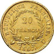 France 20 Francs Napoleon I 1807 U KM# A687.3 20 FRANCS REPUBLIQUE FRANÇAISE 1807 U coin reverse France 20 Francs Napoleon I 1807 U KM# A687.3 20 FRANCS REPUBLIQUE FRANÇAISE 1807 U coin reverse