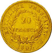 France 20 Francs Napoleon I 1807 W KM# A687.4 20 FRANCS REPUBLIQUE FRANÇAISE 1807 W coin reverse France 20 Francs Napoleon I 1807 W KM# A687.4 20 FRANCS REPUBLIQUE FRANÇAISE 1807 W coin reverse