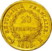 France 20 Francs Napoleon I 1808 M KM# 687.3 20 FRANCS REPUBLIQUE FRANÇAISE 1808 M coin reverse
