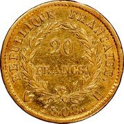 France 20 Francs Napoleon I 1808 U KM# 687.5 20 FRANCS REPUBLIQUE FRANÇAISE 1808 U coin reverse