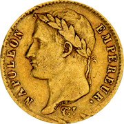 France 20 Francs Napoleon I 1808 W KM# 687.6 NAPOLEON EMPEREUR. DROZ F. coin obverse