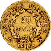 France 20 Francs Napoleon I 1808 W KM# 687.6 RÉPUBLIQUE FRANÇAISE. 20 FRANCS. 1808. W coin reverse