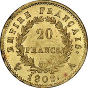 France 20 Francs Napoleon I 1809 A KM# 695.1 EMPIRE FRANÇAIS. 20 FRANCS. 1814. A coin reverse France 20 Francs Napoleon I 1809 A KM# 695.1 EMPIRE FRANÇAIS. 20 FRANCS. 1814. A coin reverse