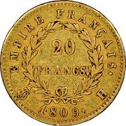 France 20 Francs Napoleon I 1809 H KM# 695.3 20 FRANCS EMPIRE FRANÇAIS 1809 H coin reverse France 20 Francs Napoleon I 1809 H KM# 695.3 20 FRANCS EMPIRE FRANÇAIS 1809 H coin reverse