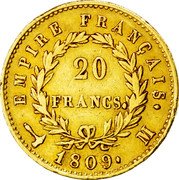 France 20 Francs Napoleon I 1809 M KM# 695.6 20 FRANCS EMPIRE FRANÇAIS 1809 M coin reverse France 20 Francs Napoleon I 1809 M KM# 695.6 20 FRANCS EMPIRE FRANÇAIS 1809 M coin reverse