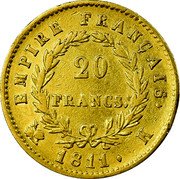 France 20 Francs Napoleon I 1811 K KM# 695.4 20 FRANCS EMPIRE FRANÇAIS 1809 K coin reverse France 20 Francs Napoleon I 1811 K KM# 695.4 20 FRANCS EMPIRE FRANÇAIS 1809 K coin reverse