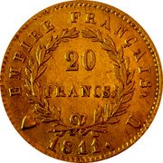 France 20 Francs Napoleon I 1811 U KM# 695.9 EMPIRE FRANÇAIS. 20 FRANCS. 1811. U coin reverse France 20 Francs Napoleon I 1811 U KM# 695.9 EMPIRE FRANÇAIS. 20 FRANCS. 1811. U coin reverse