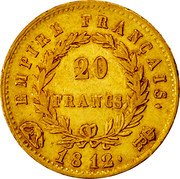 France 20 Francs Napoleon I 1812 KM# 695.8 20 FRANCS EMPIRE FRANÇAIS 1812 R coin reverse France 20 Francs Napoleon I 1812 KM# 695.8 20 FRANCS EMPIRE FRANÇAIS 1812 R coin reverse