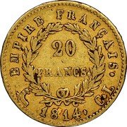 France 20 Francs Napoleon I 1814 CL KM# 695.2 20 FRANCS EMPIRE FRANÇAIS 1814 CL coin reverse France 20 Francs Napoleon I 1814 CL KM# 695.2 20 FRANCS EMPIRE FRANÇAIS 1814 CL coin reverse