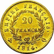 France 20 Francs Napoleon I 1814 Q KM# 695.7 20 FRANCS EMPIRE FRANÇAIS 1814 Q coin reverse France 20 Francs Napoleon I 1814 Q KM# 695.7 20 FRANCS EMPIRE FRANÇAIS 1814 Q coin reverse
