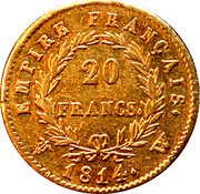 France 20 Francs Napoleon I 1814 W KM# 695.10 EMPIRE FRANÇAIS. 20 FRANCS. 1810. W coin reverse France 20 Francs Napoleon I 1814 W KM# 695.10 EMPIRE FRANÇAIS. 20 FRANCS. 1810. W coin reverse