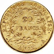 France 20 Francs Napoleon I AN12 A KM# 661 RÉPUBLIQUE FRANÇAISE 20 FRANCS AN 12 A coin reverse