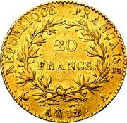 France 20 Francs Napoleon I AN12 A KM# 651 RÉPUBLIQUE FRANÇAISE. 20 FRANCS. AN 12 A. coin reverse France 20 Francs Napoleon I AN12 A KM# 651 RÉPUBLIQUE FRANÇAISE. 20 FRANCS. AN 12 A. coin reverse
