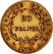 France 20 Francs Napoleon I AN13 A KM# 663.1 REPUBLIQUE FRANÇAISE 20 FRANCS AN 13 A. coin reverse France 20 Francs Napoleon I AN13 A KM# 663.1 REPUBLIQUE FRANÇAISE 20 FRANCS AN 13 A. coin reverse