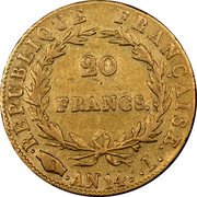 France 20 Francs Napoleon I AN14 I KM# 663.2 REPUBLIQUE FRANÇAISE 20 FRANCS AN14 I coin reverse France 20 Francs Napoleon I AN14 I KM# 663.2 REPUBLIQUE FRANÇAISE 20 FRANCS AN14 I coin reverse