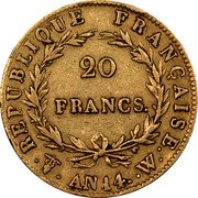 France 20 Francs Napoleon I AN14 W KM# 663.6 REPUBLIQUE FRANÇAISE 20 FRANCS AN14 W coin reverse France 20 Francs Napoleon I AN14 W KM# 663.6 REPUBLIQUE FRANÇAISE 20 FRANCS AN14 W coin reverse