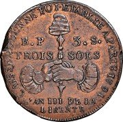 France 3 Sols Token Issue LAN III (1791) KM# Tn44 B P 3 S TROIS SOLS L'AN III DE LA LIBERTÉ CAISSE DE BONNE FOI ETABLIE A PARIS 1791 coin reverse