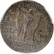 France 30 Sols Louis XVI 1792 B KM# 606.3 REGNE DE LA LOI 30 SOLS B CONS- TUTI DUPRE. L'AN 4 DE LA LIBERTÉ coin reverse