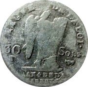 France 30 Sols Louis XVI 1792 Cow KM# 606.17 REGNE DE LA LOI 30 SOLS CONS- TUTI DUPRE. L'AN 4 DE LA LIBERTÉ coin reverse