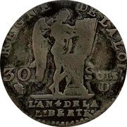 France 30 Sols Louis XVI 1792 D KM# 606.5 REGNE DE LA LOI 30 SOLS D CONS- TUTI DUPRE. L'AN 4 DE LA LIBERTÉ coin reverse