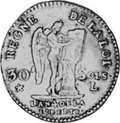 France 30 Sols Louis XVI 1792 L KM# 606.9 30 SOLS L L'AN 4 DE LA LIBERTE REGNE DE LA LOI coin reverse