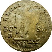 France 30 Sols Louis XVI 1792 R KM# 606.14 REGNE DE LA LOI 30 SOLS R CONS- TUTI DUPRE. L'AN 4 DE LA LIBERTÉ coin reverse