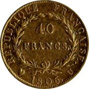 France 40 Francs Napoleon I 1806 U KM# 675.5 RÉPUBLIQUE FRANÇAISE. 40 FRANCS. 1806. U coin reverse France 40 Francs Napoleon I 1806 U KM# 675.5 RÉPUBLIQUE FRANÇAISE. 40 FRANCS. 1806. U coin reverse