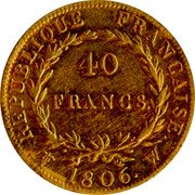 France 40 Francs Napoleon 1806 W KM# 675.6 RÉPUBLIQUE FRANÇAISE. 40 FRANCS. 1806. W coin reverse France 40 Francs Napoleon 1806 W KM# 675.6 RÉPUBLIQUE FRANÇAISE. 40 FRANCS. 1806. W coin reverse