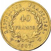 France 40 Francs Napoleon I 1807 W KM# A688.5 RÉPUBLIQUE FRANÇAISE. 40 FRANCS. 1807. W coin reverse France 40 Francs Napoleon I 1807 W KM# A688.5 RÉPUBLIQUE FRANÇAISE. 40 FRANCS. 1807. W coin reverse