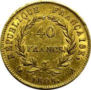 France 40 Francs Napoleon 1808 A KM# 688.1 RÉPUBLIQUE FRANÇAISE. 40 FRANCS. 1808. A coin reverse France 40 Francs Napoleon 1808 A KM# 688.1 RÉPUBLIQUE FRANÇAISE. 40 FRANCS. 1808. A coin reverse
